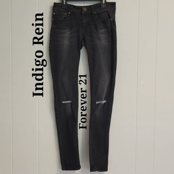 Indigo Rein Forever 21 black distressed stretch jeans Sz: 5 Jr. - Picture 1 of 5